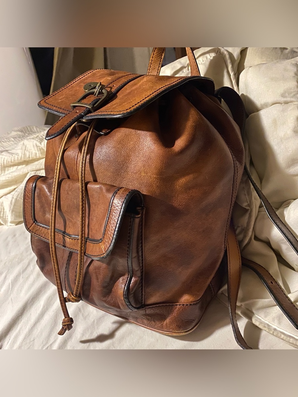 FOSSIL Vintage Reissue women's brown leather distressed backpack bag drawstring - Picture 5 of 16
